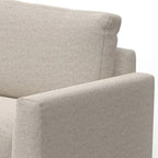 Canapé Bery, piètement moderne en pin massif, polyester beige clair doux