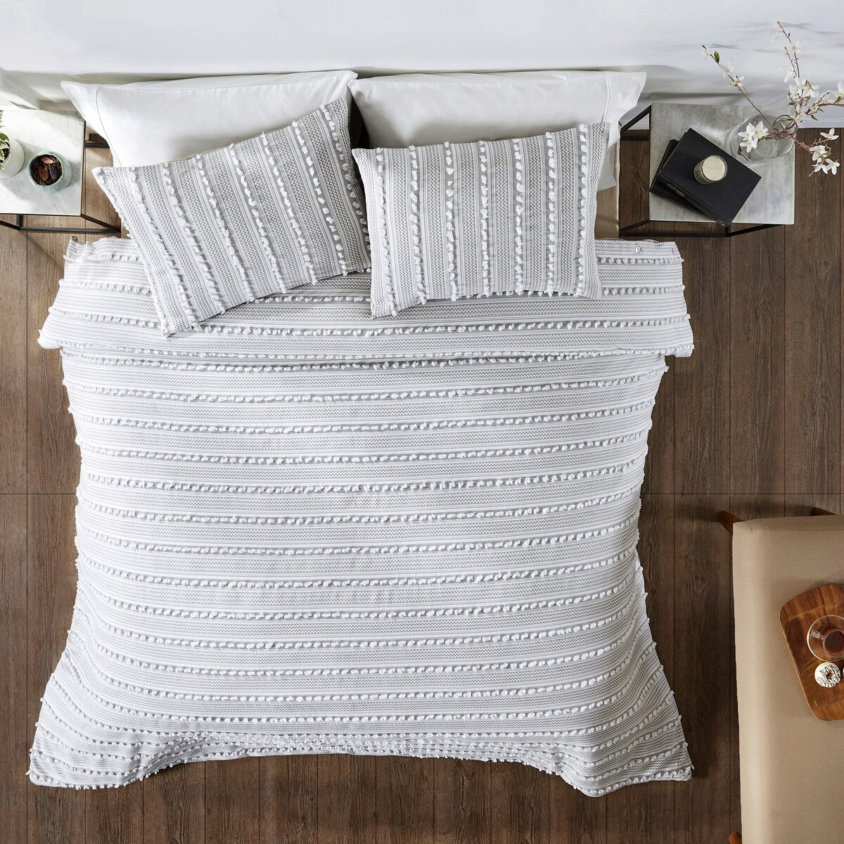 Parure de couette Angelique Better Trends 100 % coton touffeté doux en peluche chenille élégante à rayures lavable en machine et sèche-linge