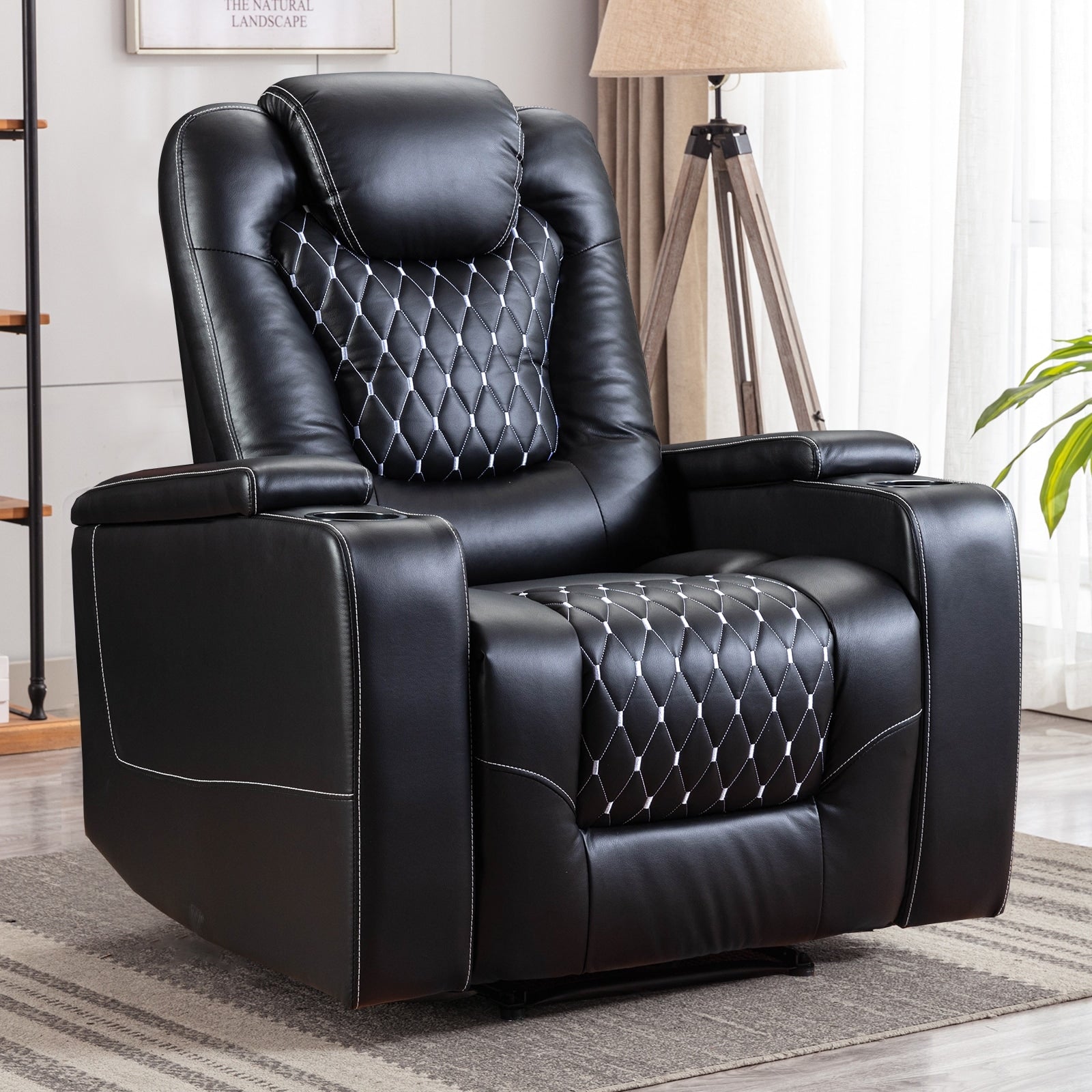 Grand fauteuil inclinable électrique de luxe en similicuir noir pour personnes âgées, avec ports USB et 2 porte-gobelets.