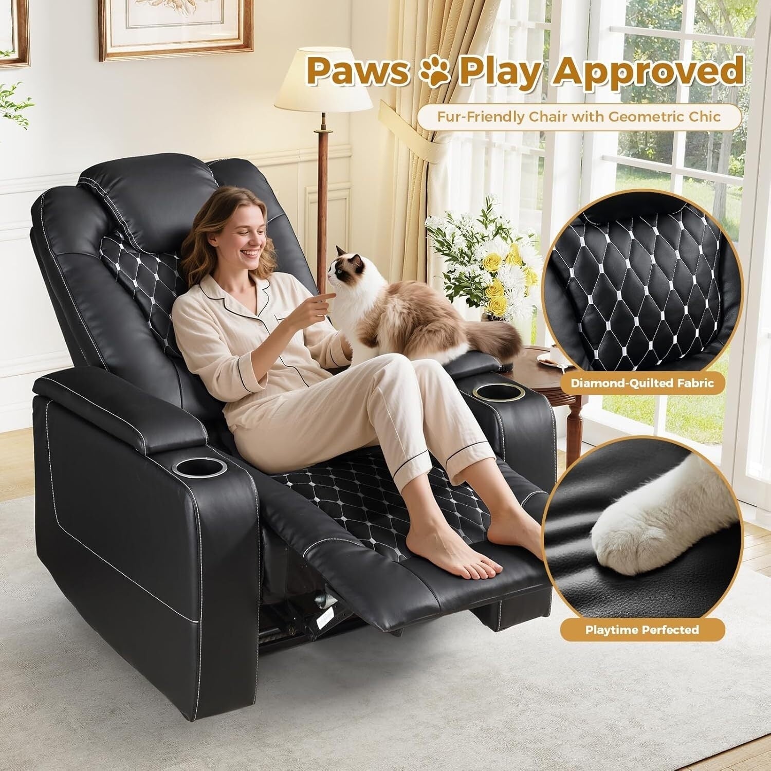 Grand fauteuil inclinable électrique de luxe en similicuir noir pour personnes âgées, avec ports USB et 2 porte-gobelets.