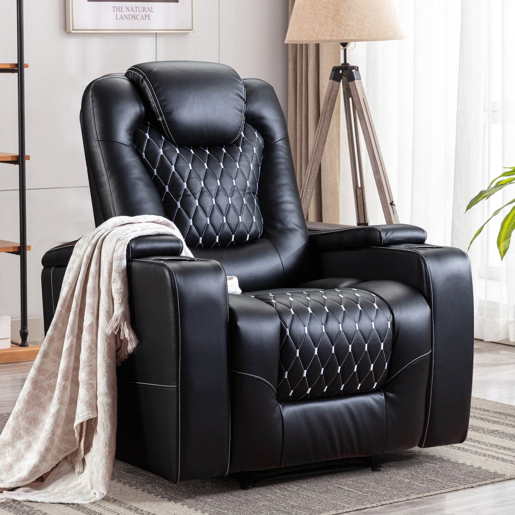 Grand fauteuil inclinable électrique de luxe en similicuir noir pour personnes âgées, avec ports USB et 2 porte-gobelets.