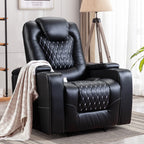 Grand fauteuil inclinable électrique de luxe en similicuir noir pour personnes âgées, avec ports USB et 2 porte-gobelets.