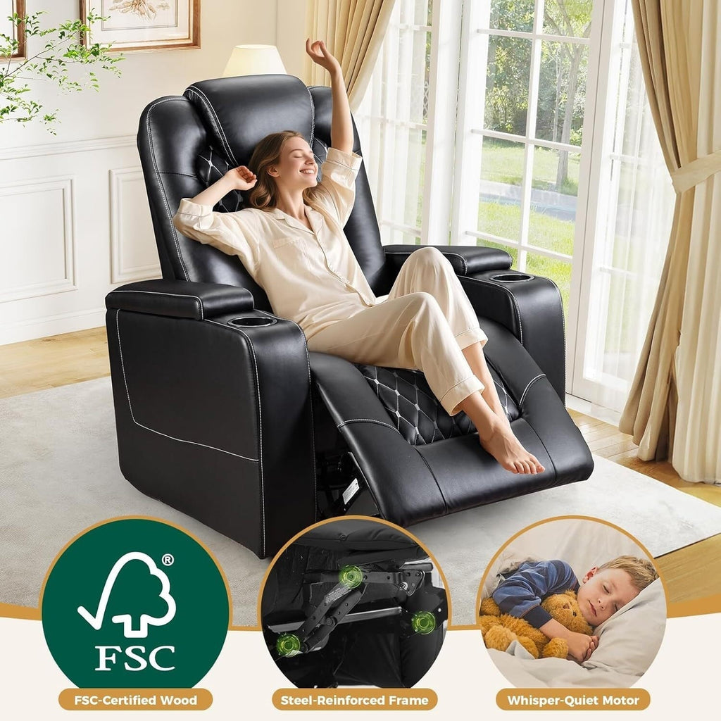 Grand fauteuil inclinable électrique de luxe en similicuir noir pour personnes âgées, avec ports USB et 2 porte-gobelets.