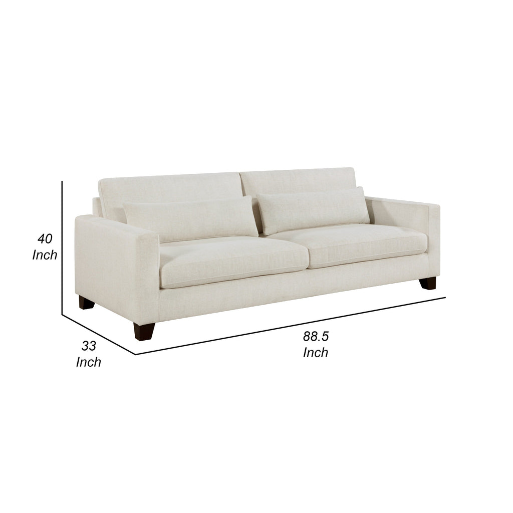 Canapé Bior, 2 coussins lombaires, tissu ivoire, 226 cm, design moderne