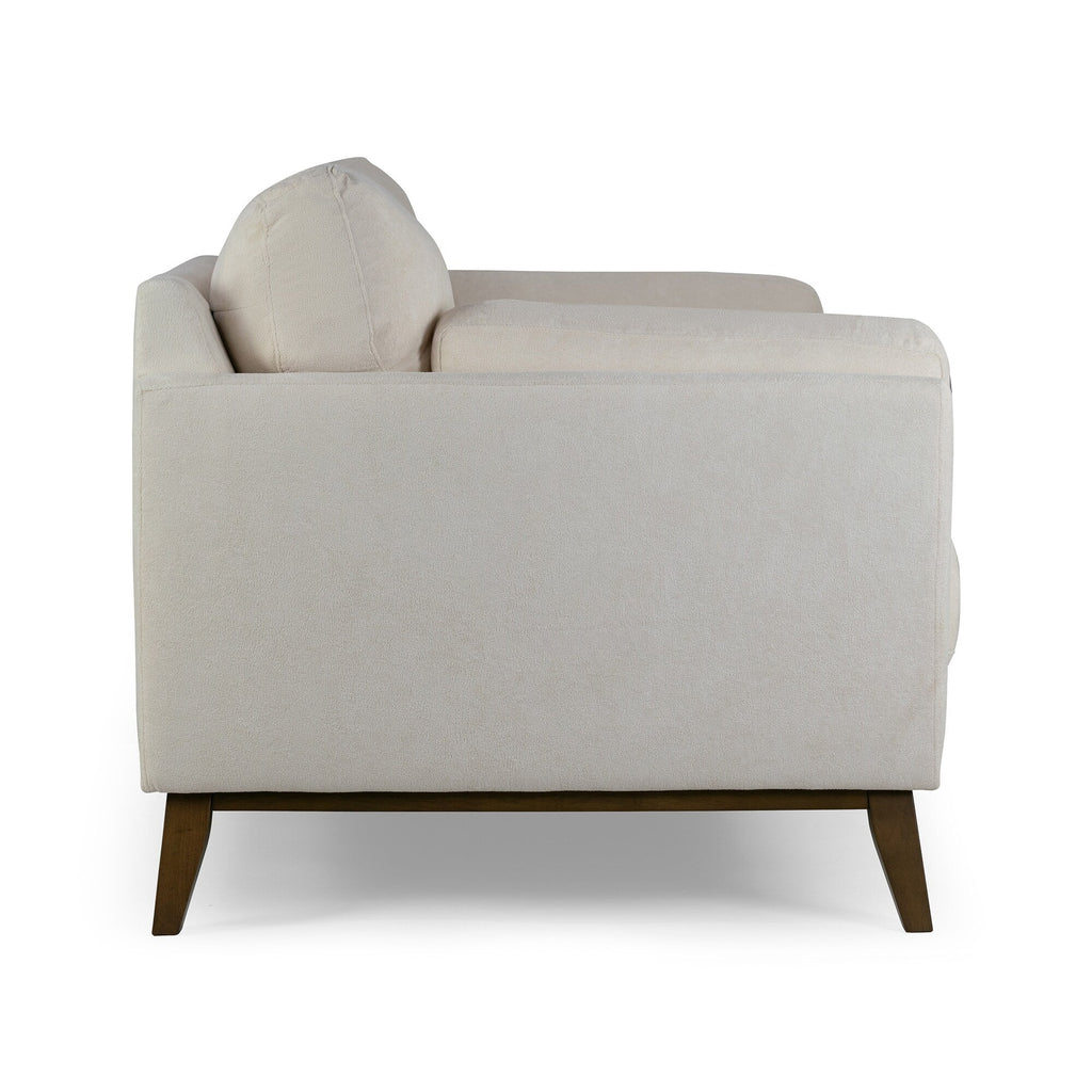 Canapé Birre en tissu micro-bouclé beige avec pieds en bois de noyer