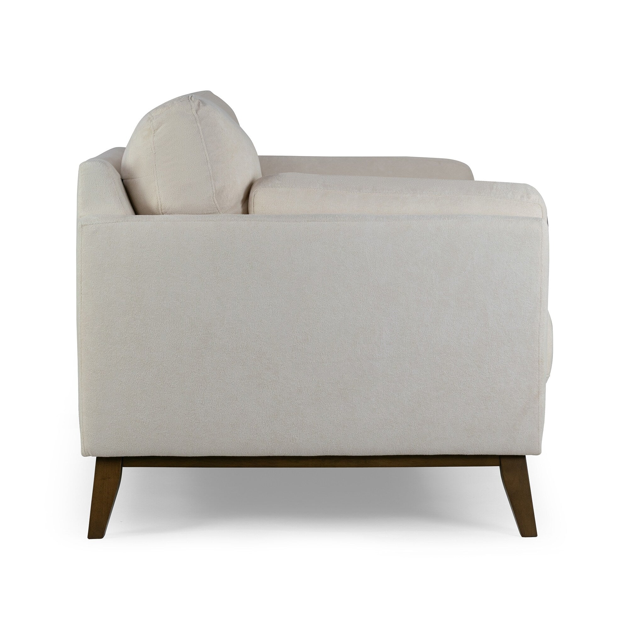 Canapé Birre en tissu micro-bouclé beige avec pieds en bois de noyer