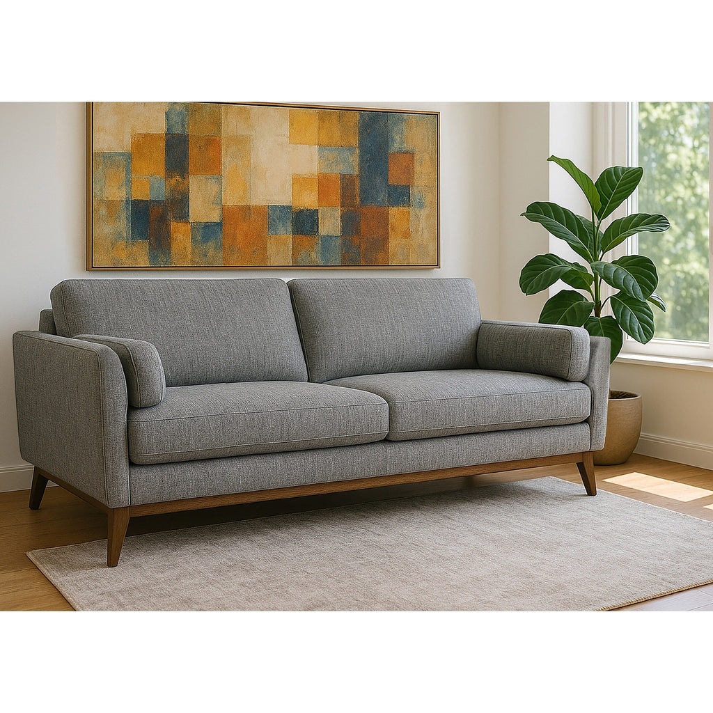 Canapé Birre en tissu chenille tweed noir et ivoire avec pieds en noyer