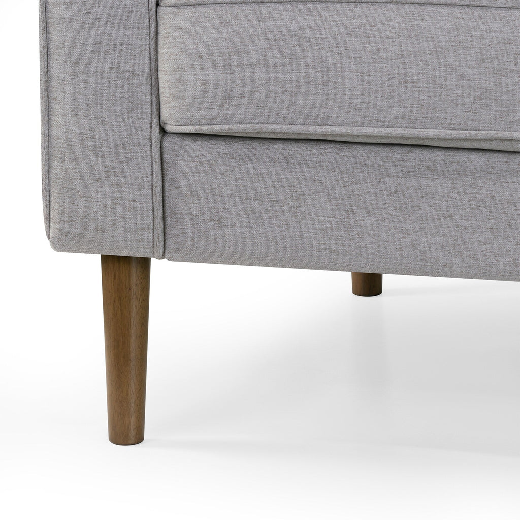 Canapé Bisera en tissu sergé beige capitonné avec pieds en bois de noyer