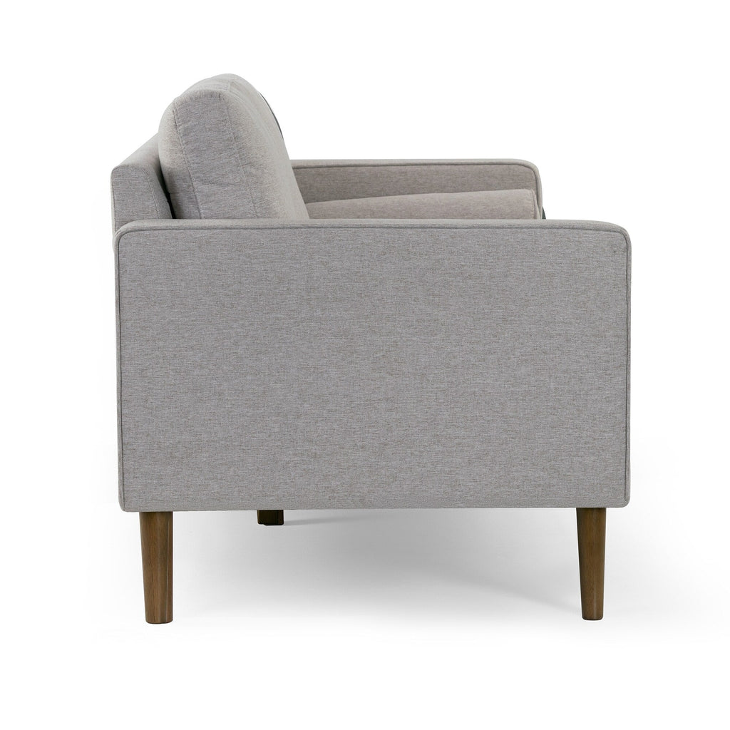 Canapé Bisera en tissu sergé beige capitonné avec pieds en bois de noyer