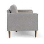 Canapé Bisera en tissu sergé beige capitonné avec pieds en bois de noyer