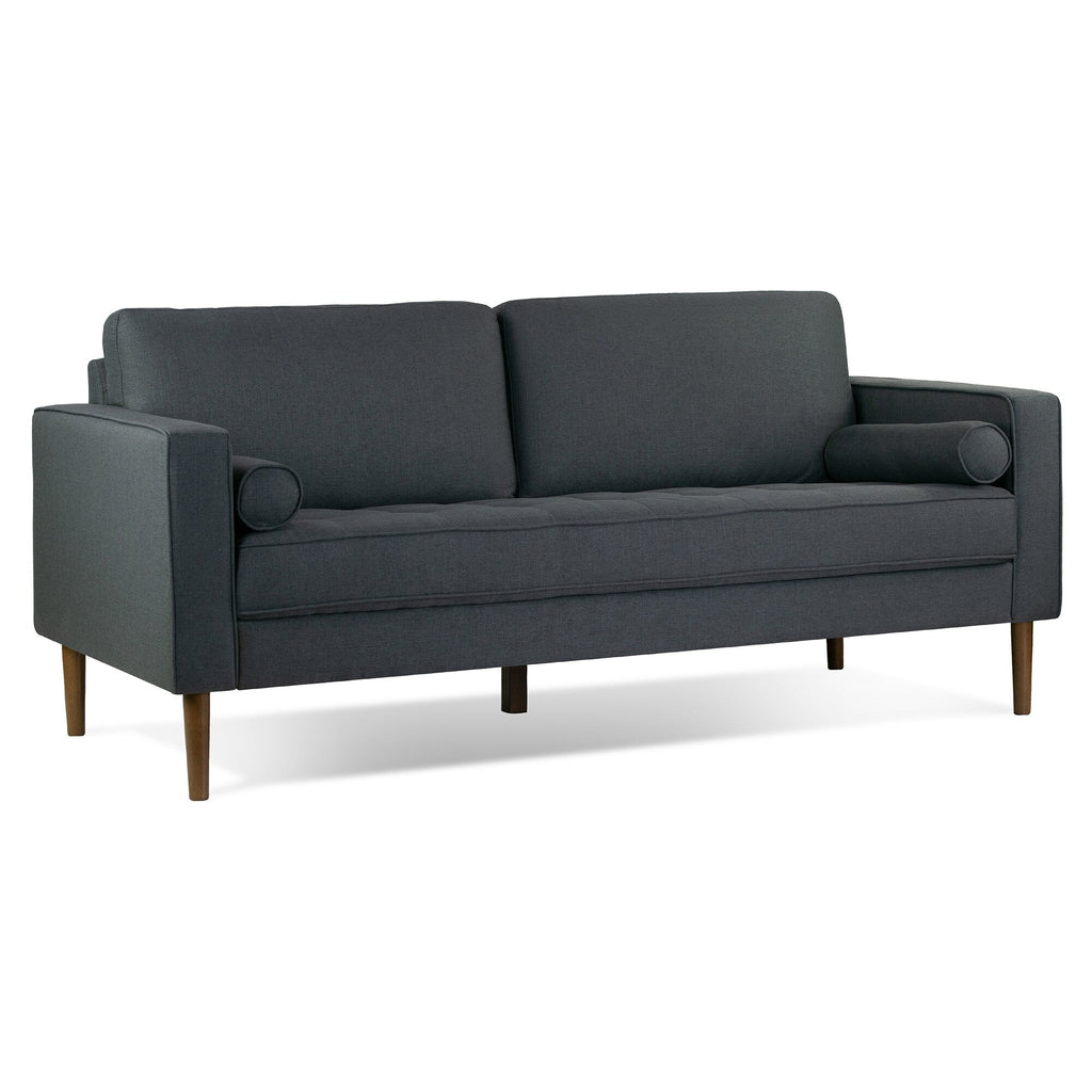 Canapé Bisera en tissu sergé gris foncé avec pieds en bois de noyer