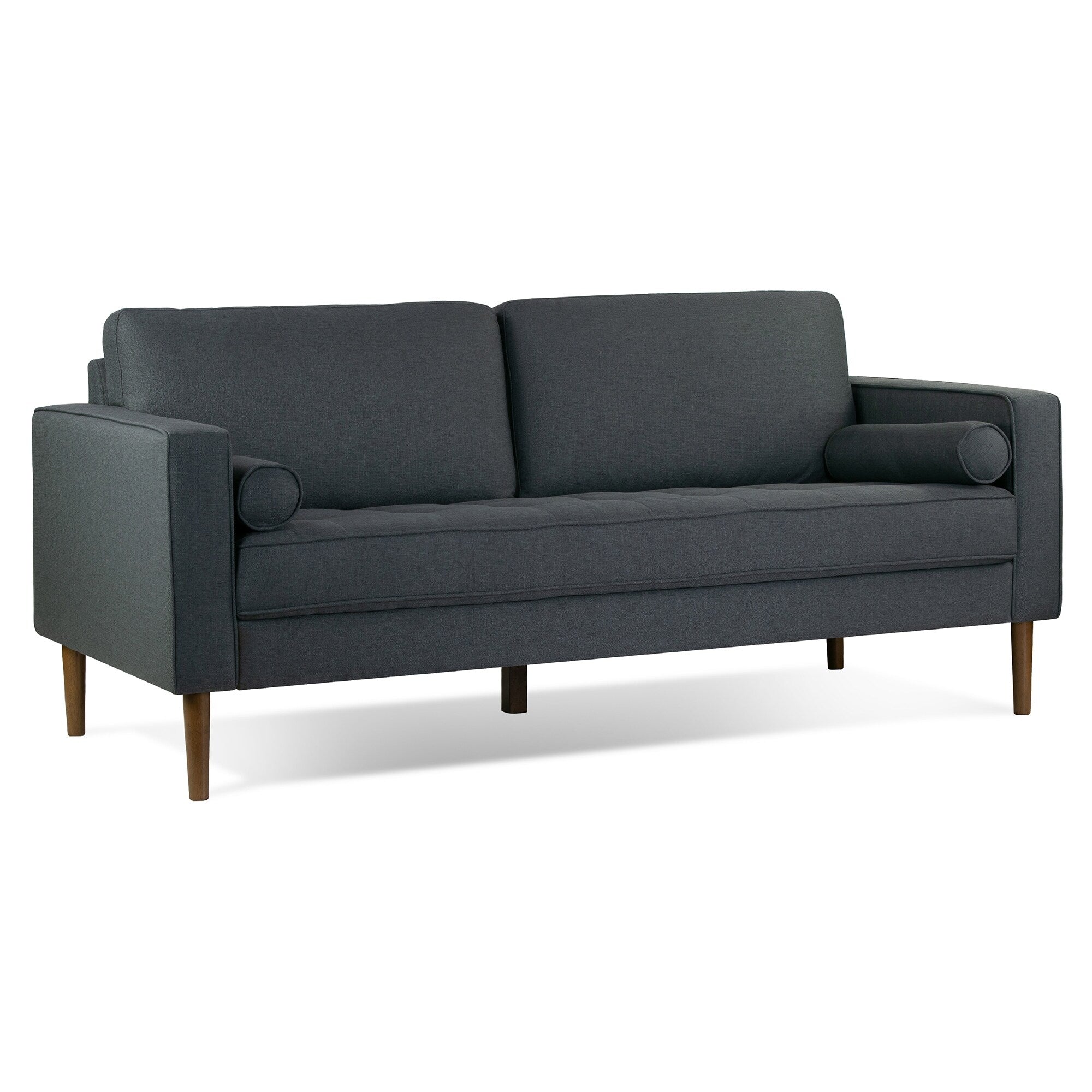 Canapé Bisera en tissu sergé gris foncé avec pieds en bois de noyer