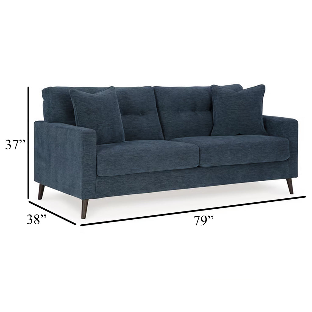 Canapé Bixy, 200 cm, bleu foncé, accoudoirs droits, 2 coussins décoratifs