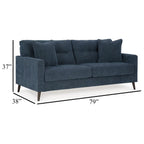 Canapé Bixy, 200 cm, bleu foncé, accoudoirs droits, 2 coussins décoratifs