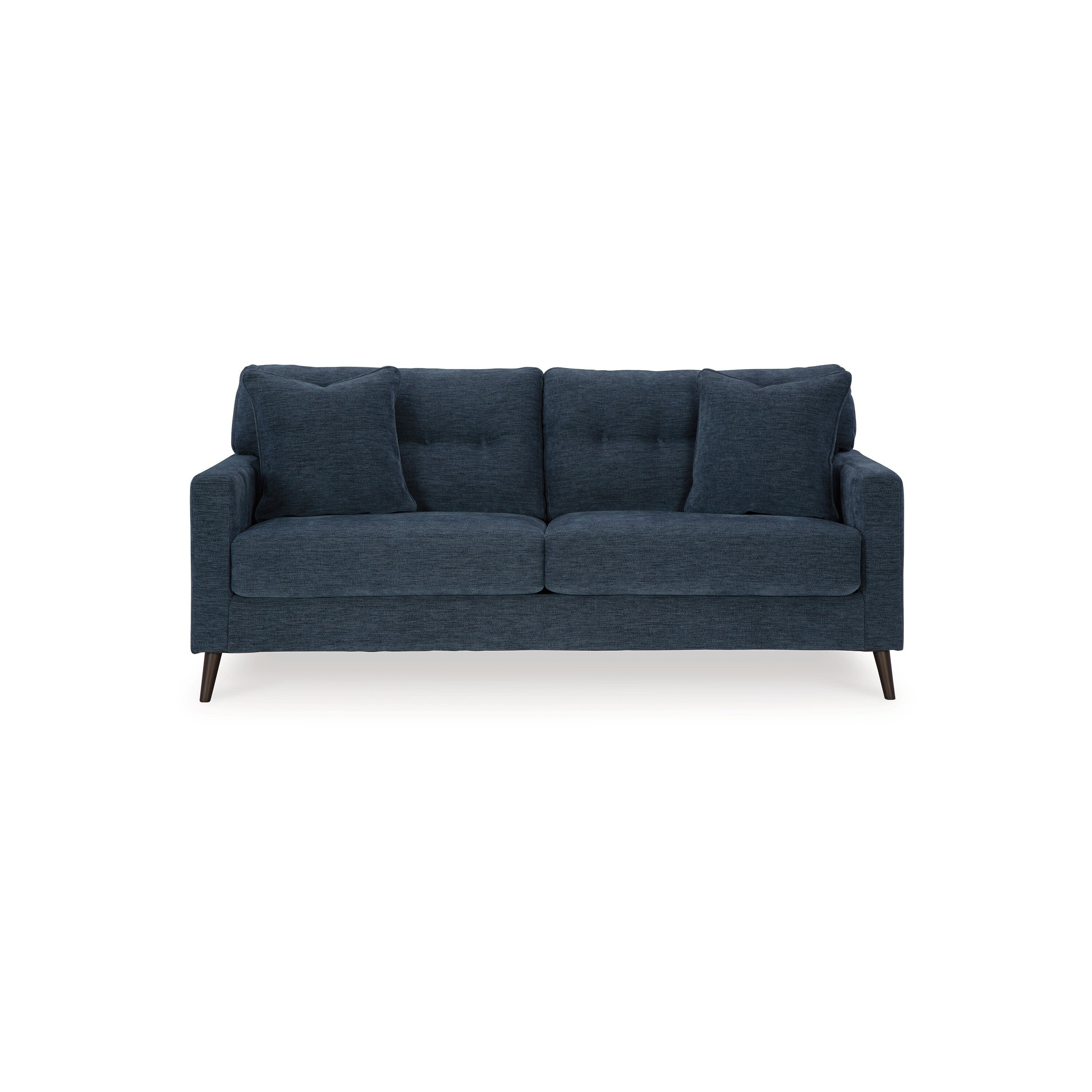 Canapé Bixy, 200 cm, bleu foncé, accoudoirs droits, 2 coussins décoratifs