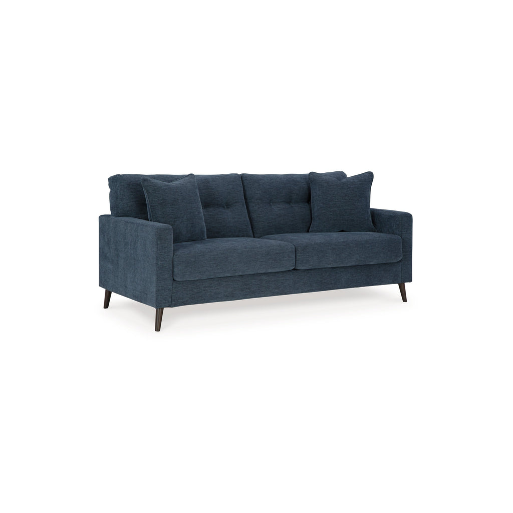 Canapé Bixy, 200 cm, bleu foncé, accoudoirs droits, 2 coussins décoratifs