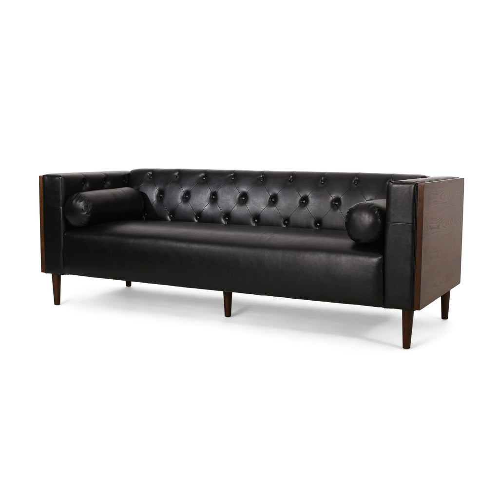 Canapé Biya, 90 pouces, Chesterfield capitonné en similicuir noir, 2 coussins