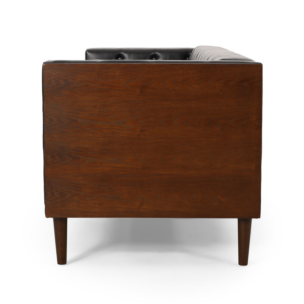 Canapé Biya, 90 pouces, Chesterfield capitonné en similicuir noir, 2 coussins