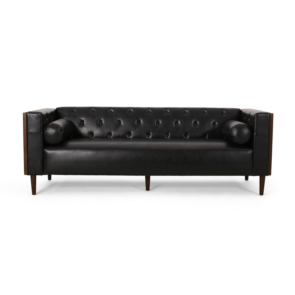 Canapé Biya, 90 pouces, Chesterfield capitonné en similicuir noir, 2 coussins