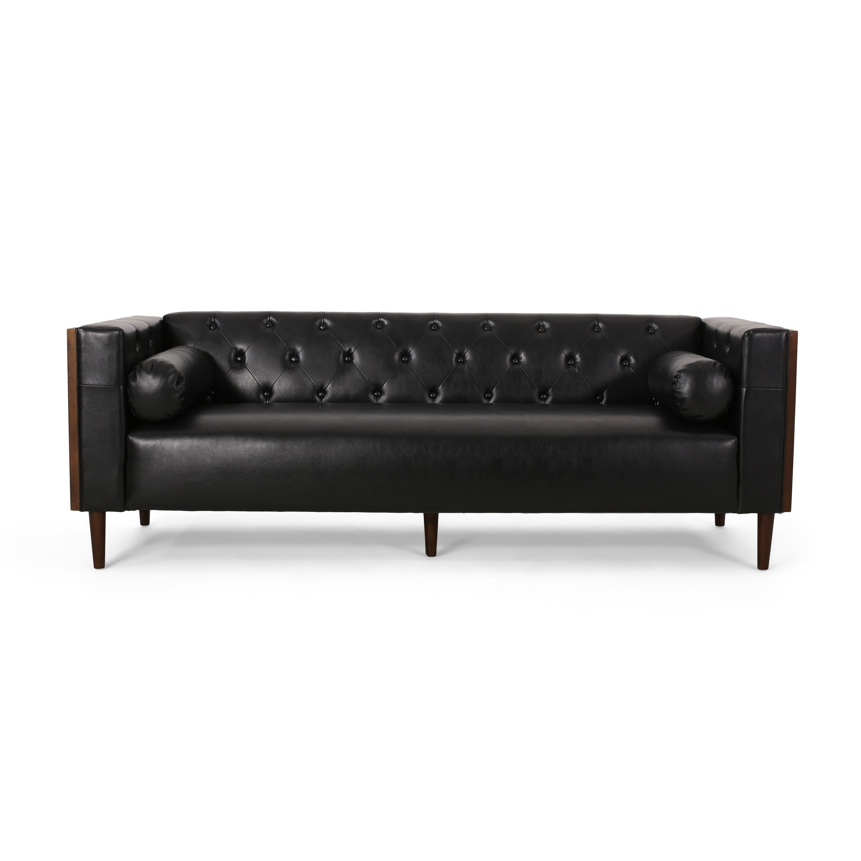 Canapé Biya, 90 pouces, Chesterfield capitonné en similicuir noir, 2 coussins