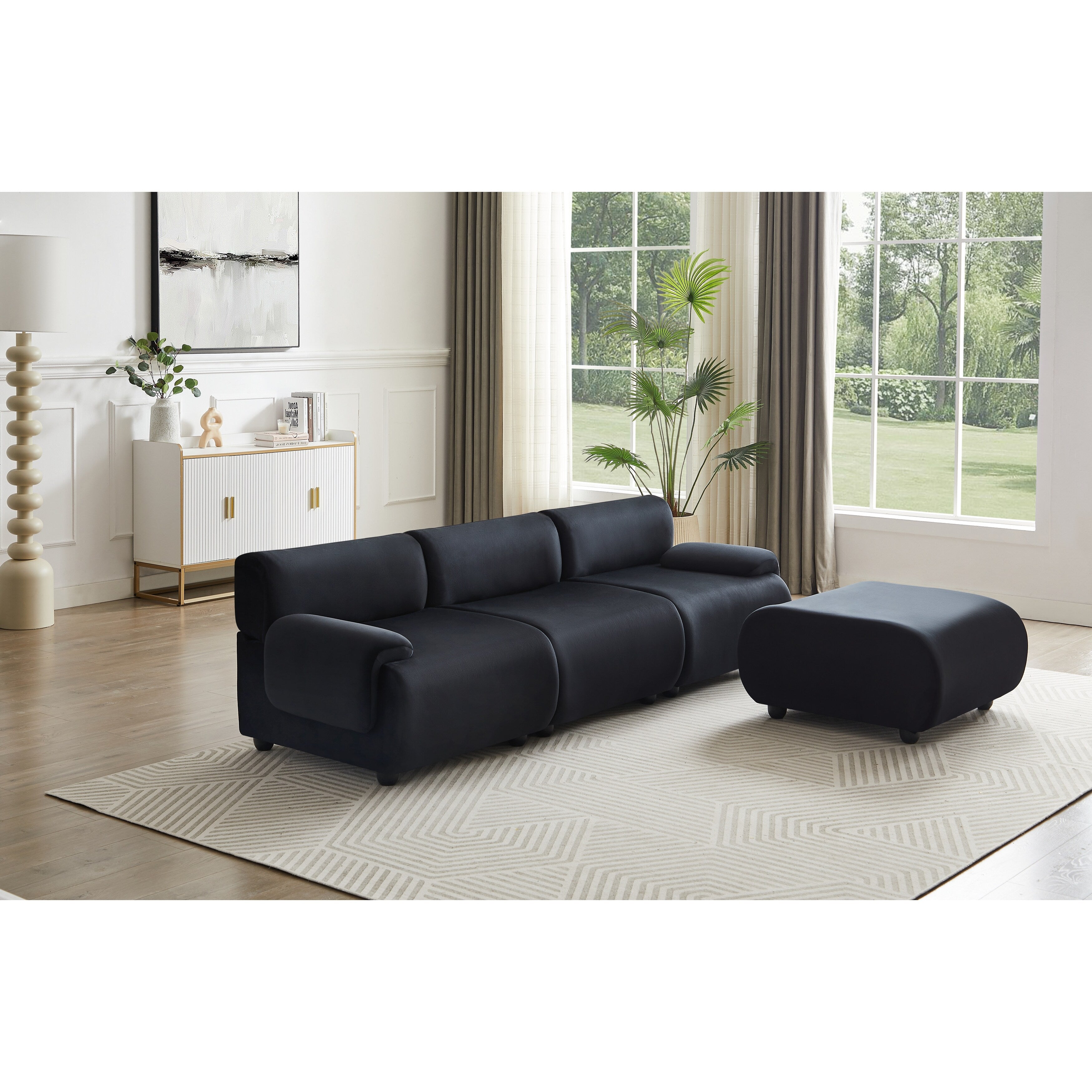 Grand canapé modulaire 3 places noir 105, avec pouf amovible, assise profonde style nuage, structure en bois massif