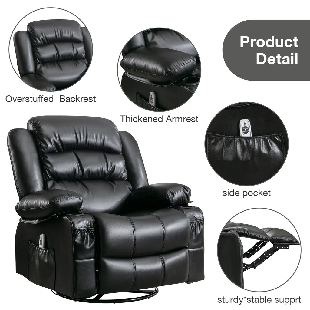 Fauteuil inclinable pivotant à 360° noir avec massage par vibration, chauffage, poches latérales, port USB et 2 porte-gobelets