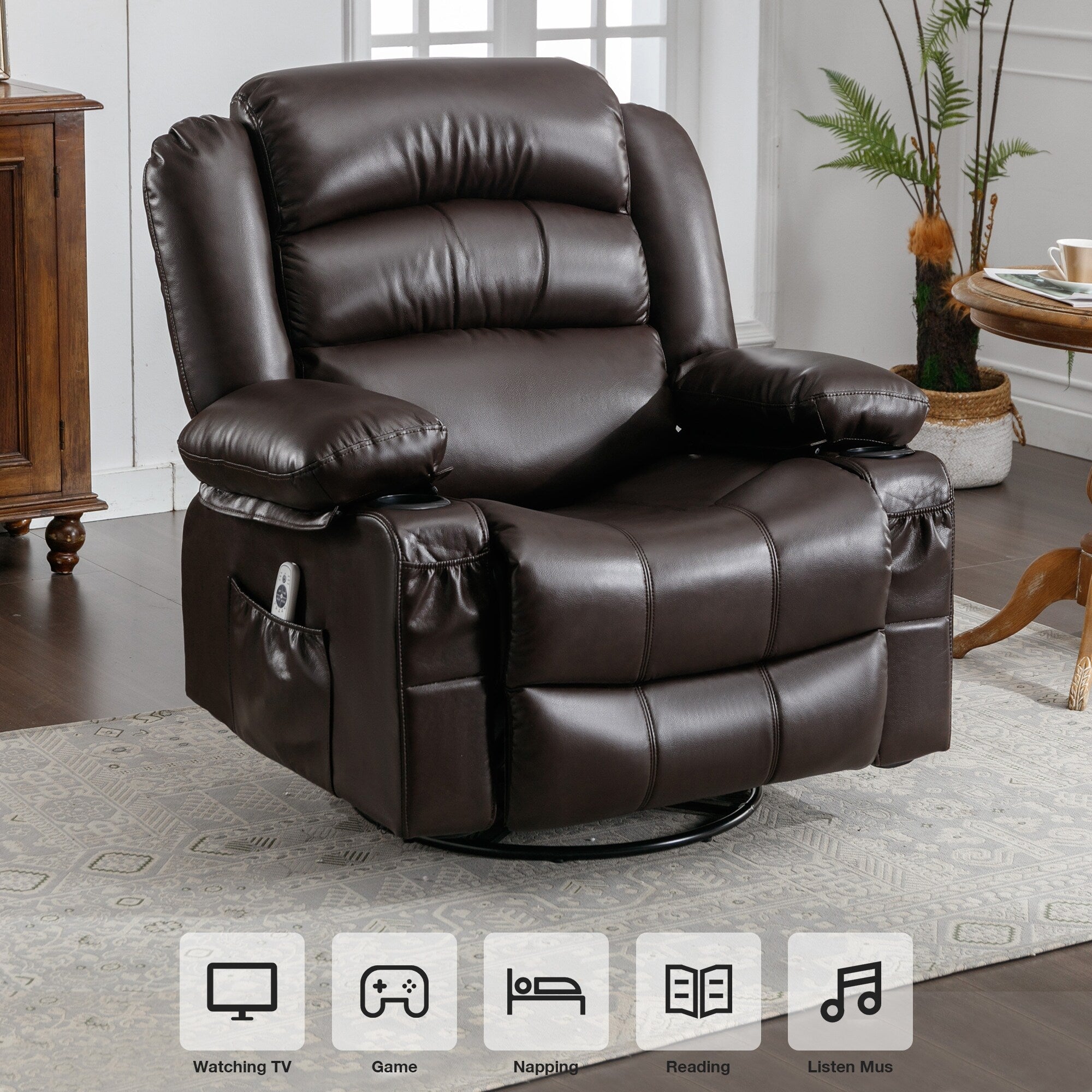 Fauteuil inclinable pivotant à 360° noir avec massage par vibration, chauffage, poches latérales, port USB et 2 porte-gobelets
