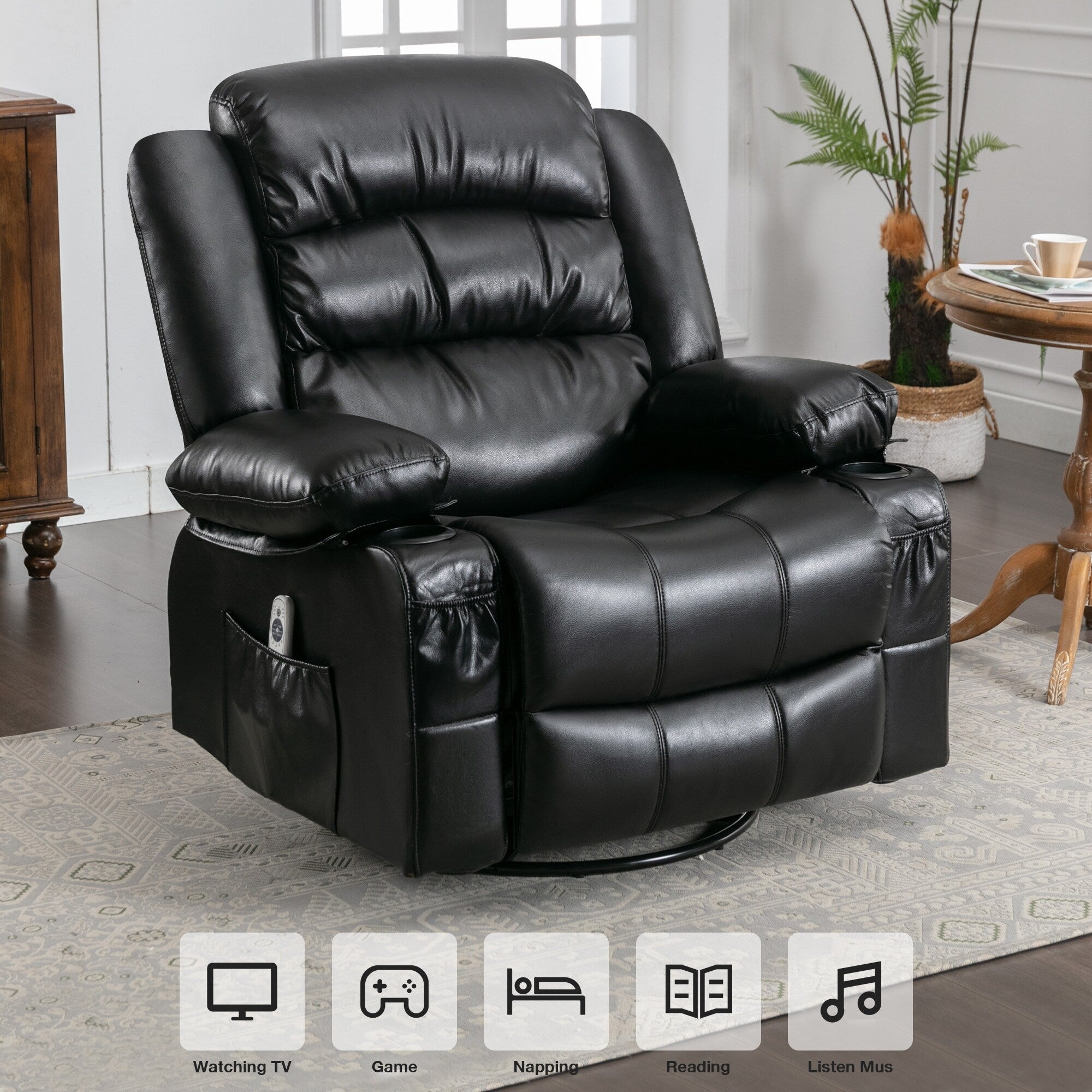 Fauteuil inclinable pivotant à 360° noir avec massage par vibration, chauffage, poches latérales, port USB et 2 porte-gobelets
