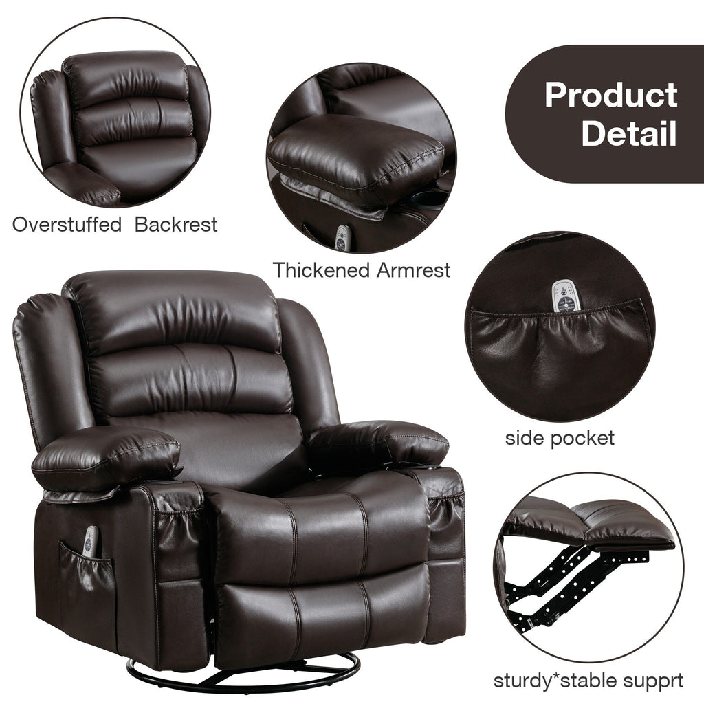 Fauteuil inclinable pivotant à 360° noir avec vibrations, chauffage, port USB, porte-gobelets et rangement latéral