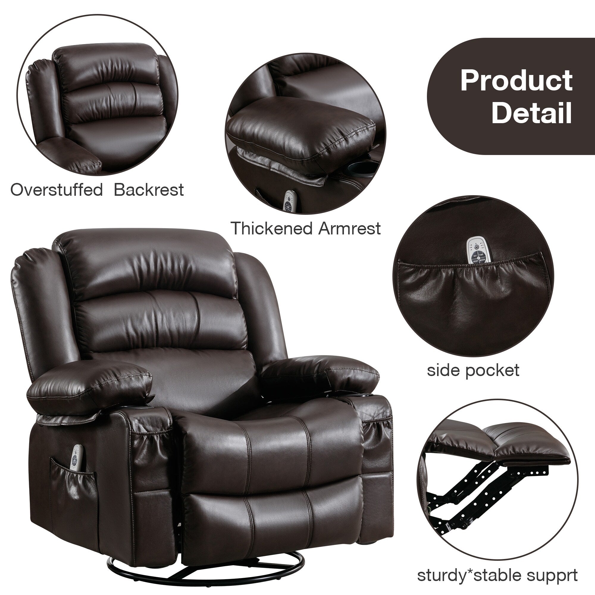 Fauteuil inclinable pivotant à 360° noir avec vibrations, chauffage, port USB, porte-gobelets et rangement latéral