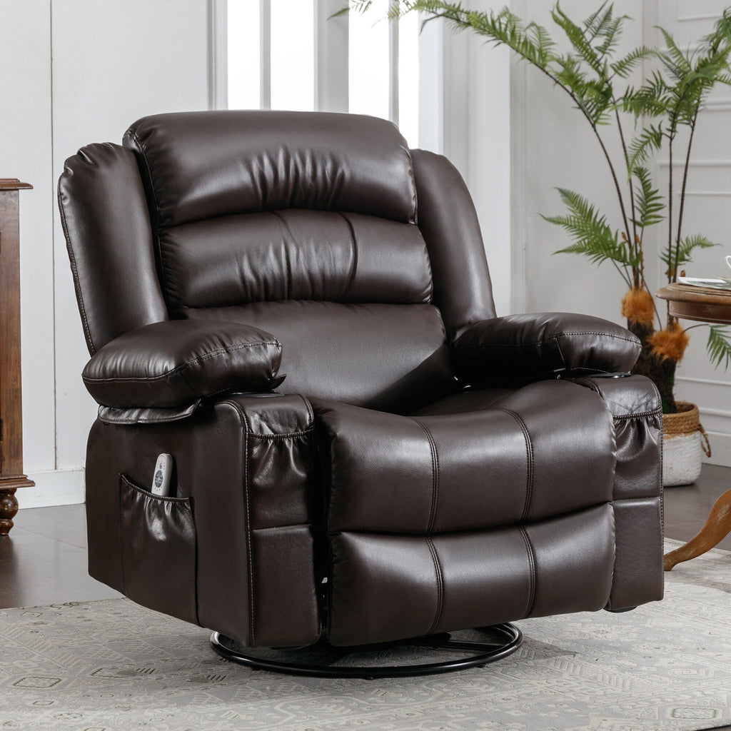 Fauteuil inclinable pivotant à 360° noir avec chauffage, vibrations, port USB, porte-gobelets et poches de rangement latérales