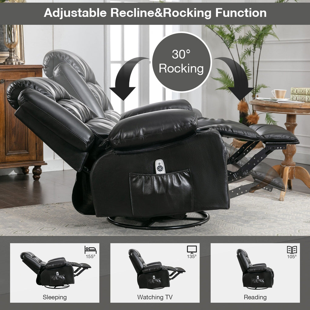 Fauteuil inclinable pivotant à 360° noir avec massage par vibration, chauffage, poches latérales, port USB et deux porte-gobelets