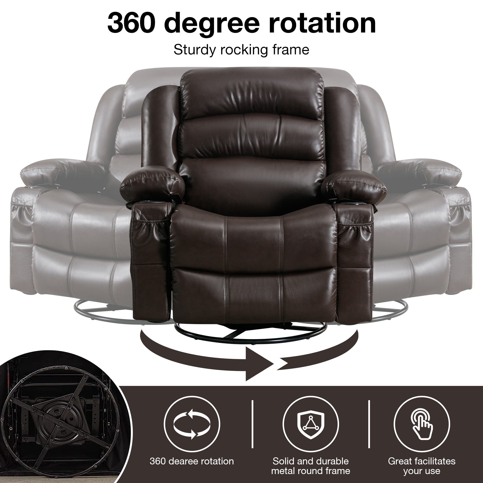 Fauteuil inclinable pivotant à 360° noir avec vibrations, chauffage, chargement USB, porte-gobelets et poche de rangement latérale