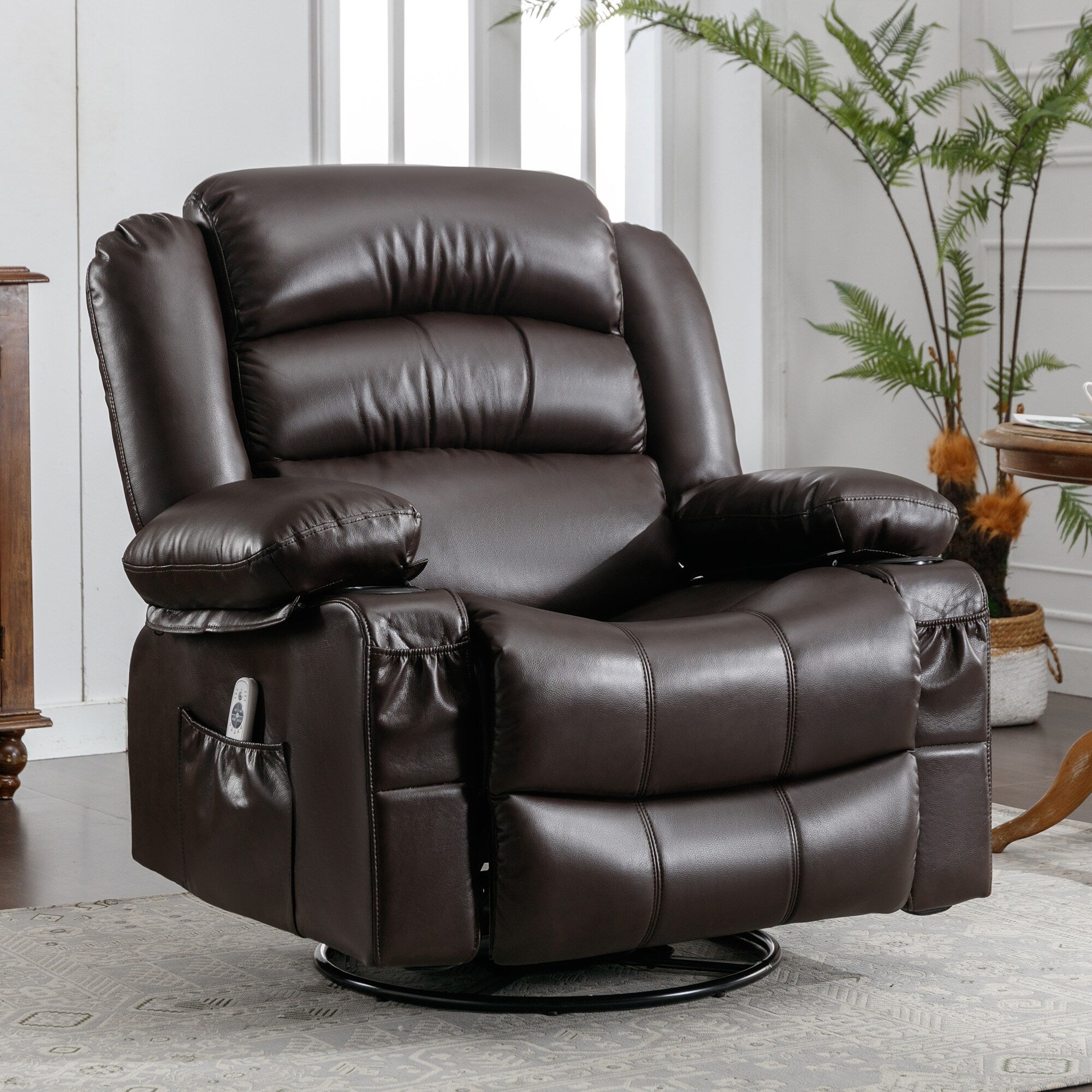 Fauteuil inclinable pivotant à 360° noir avec massage par vibration, chauffage, poches latérales, port USB et deux porte-gobelets