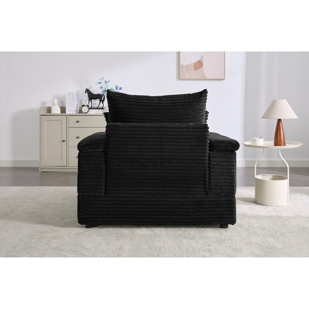 Canapé simple profond en velours côtelé noir 42,52 po avec pouf amovible, accoudoir avec rangement et 2 coussins décoratifs