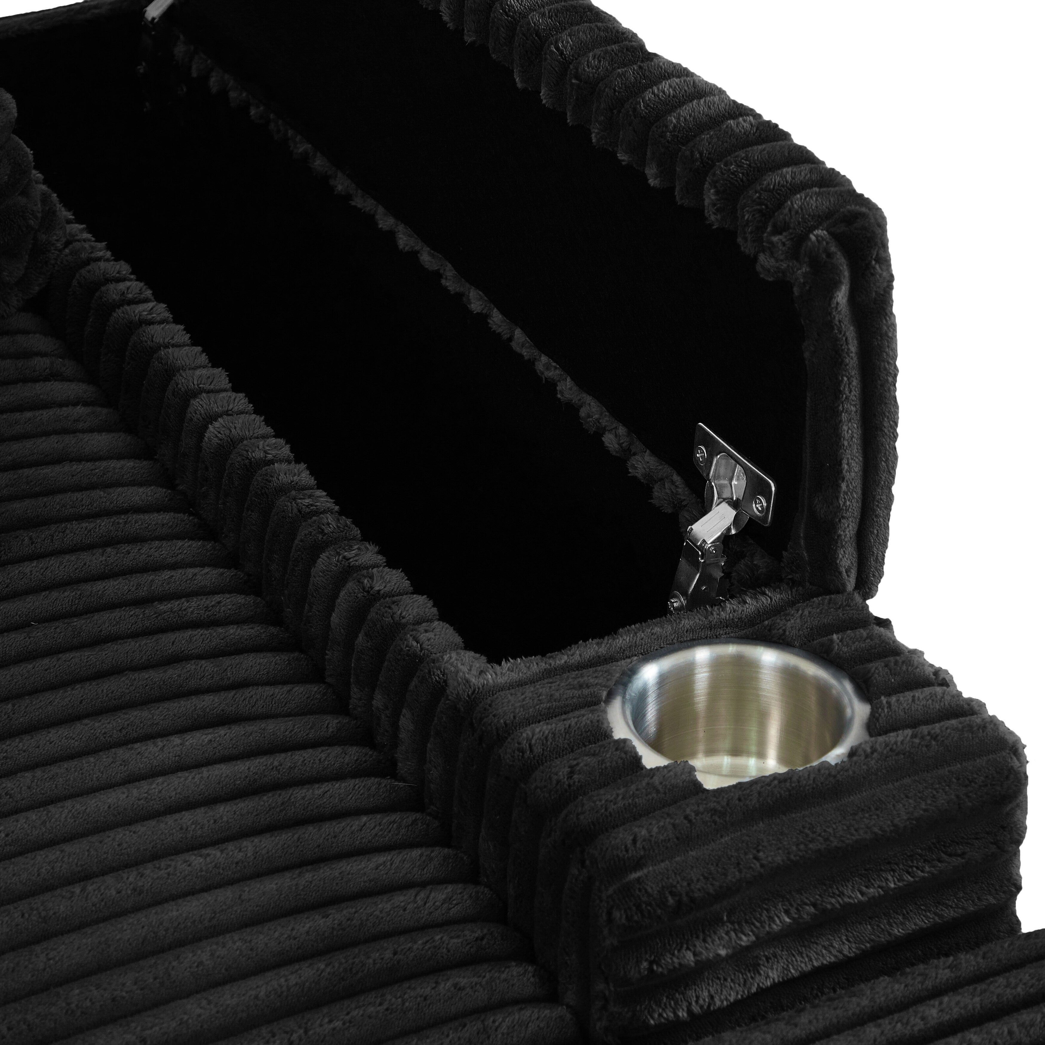 Canapé simple profond en velours côtelé noir 42,52 po avec pouf amovible, accoudoir avec rangement et 2 coussins décoratifs