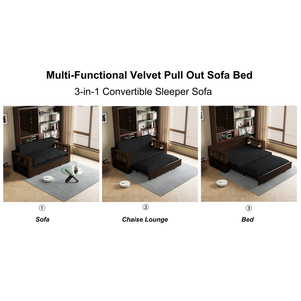 Canapé-lit convertible 3-en-1 noir 52,4 pouces avec système hydraulique et rangement, deux coussins moelleux pour le salon