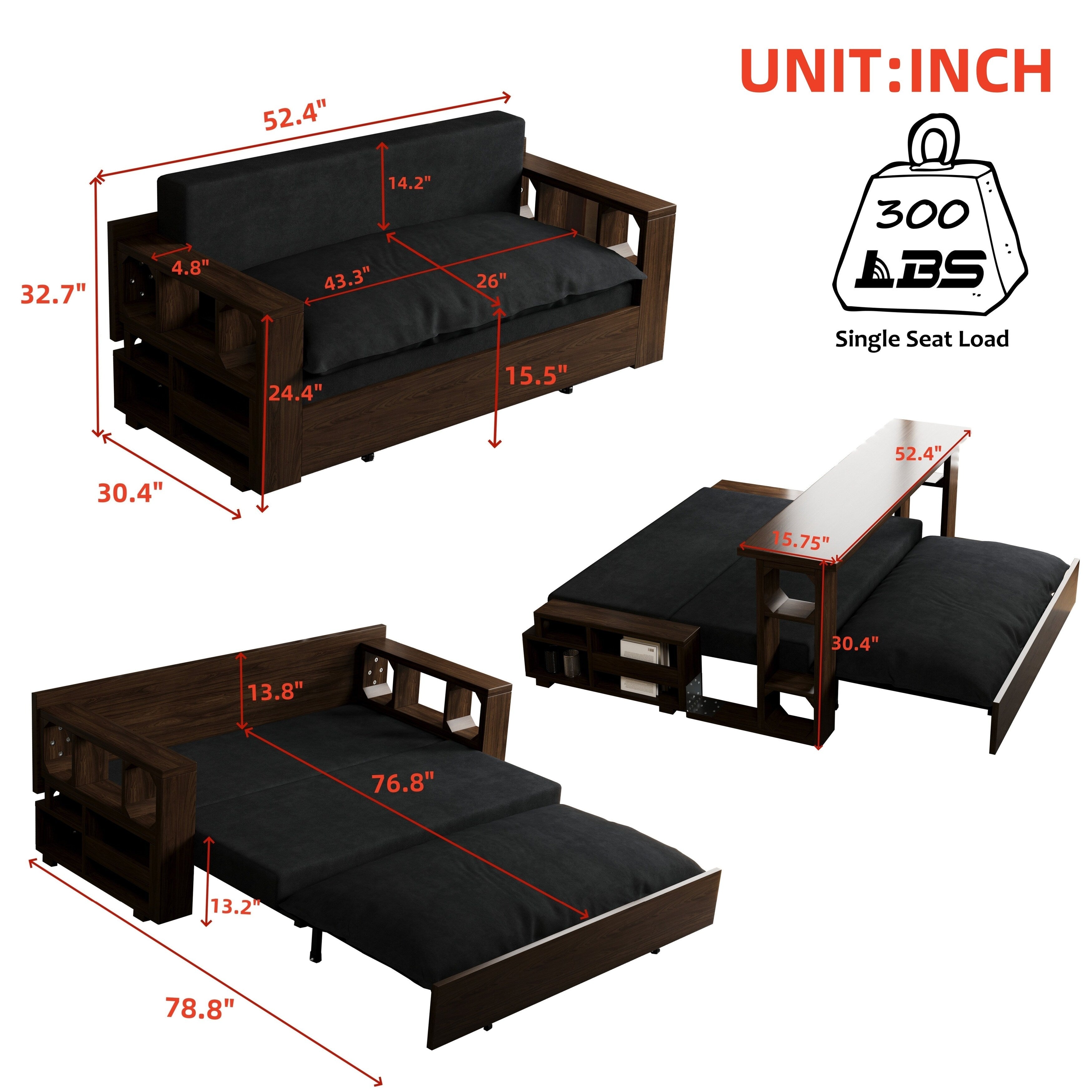 Canapé-lit convertible 3-en-1 noir 52,4 pouces avec système hydraulique et rangement, deux coussins moelleux pour le salon