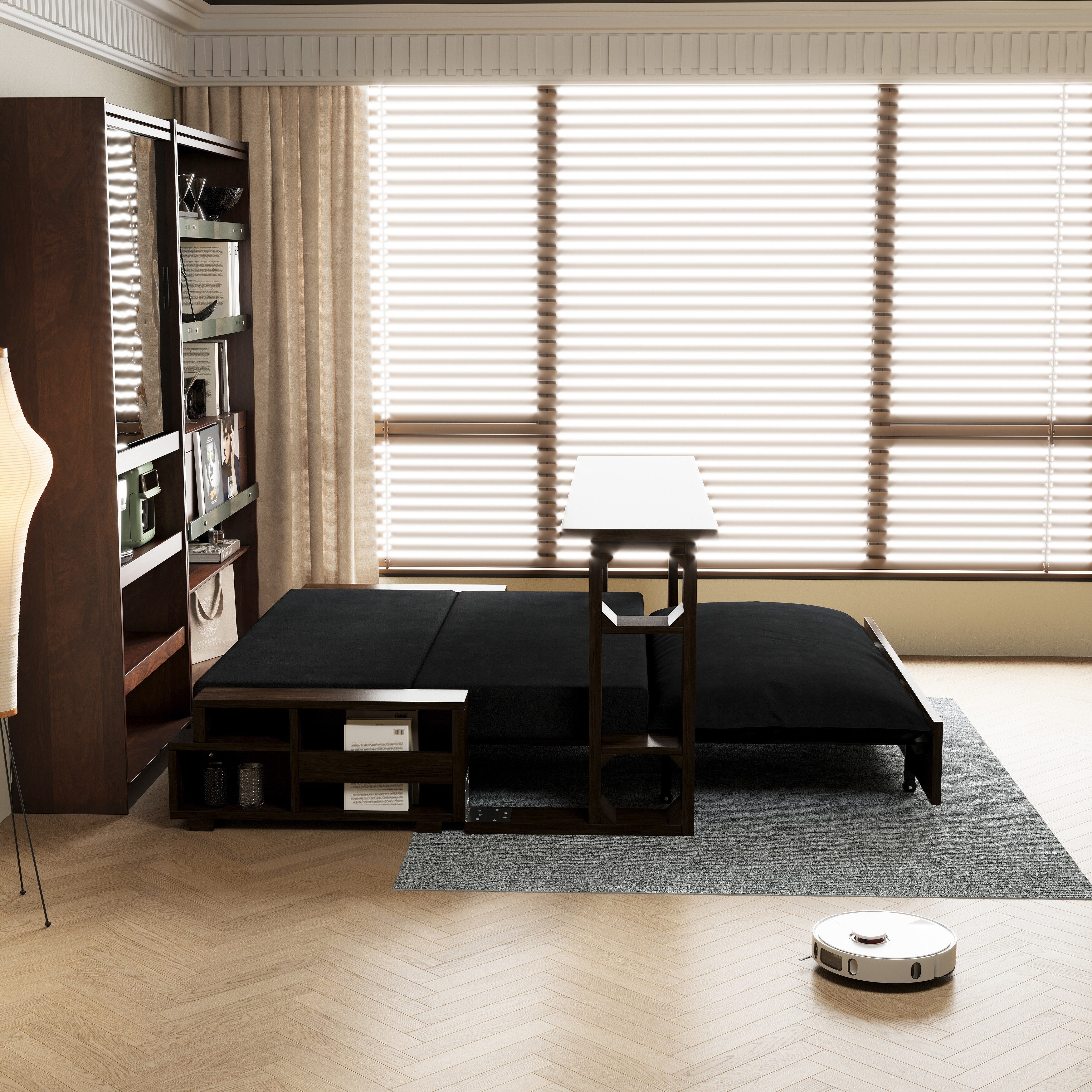 Canapé-lit convertible 3-en-1 noir 52,4 pouces avec système hydraulique et rangement, deux coussins moelleux pour le salon