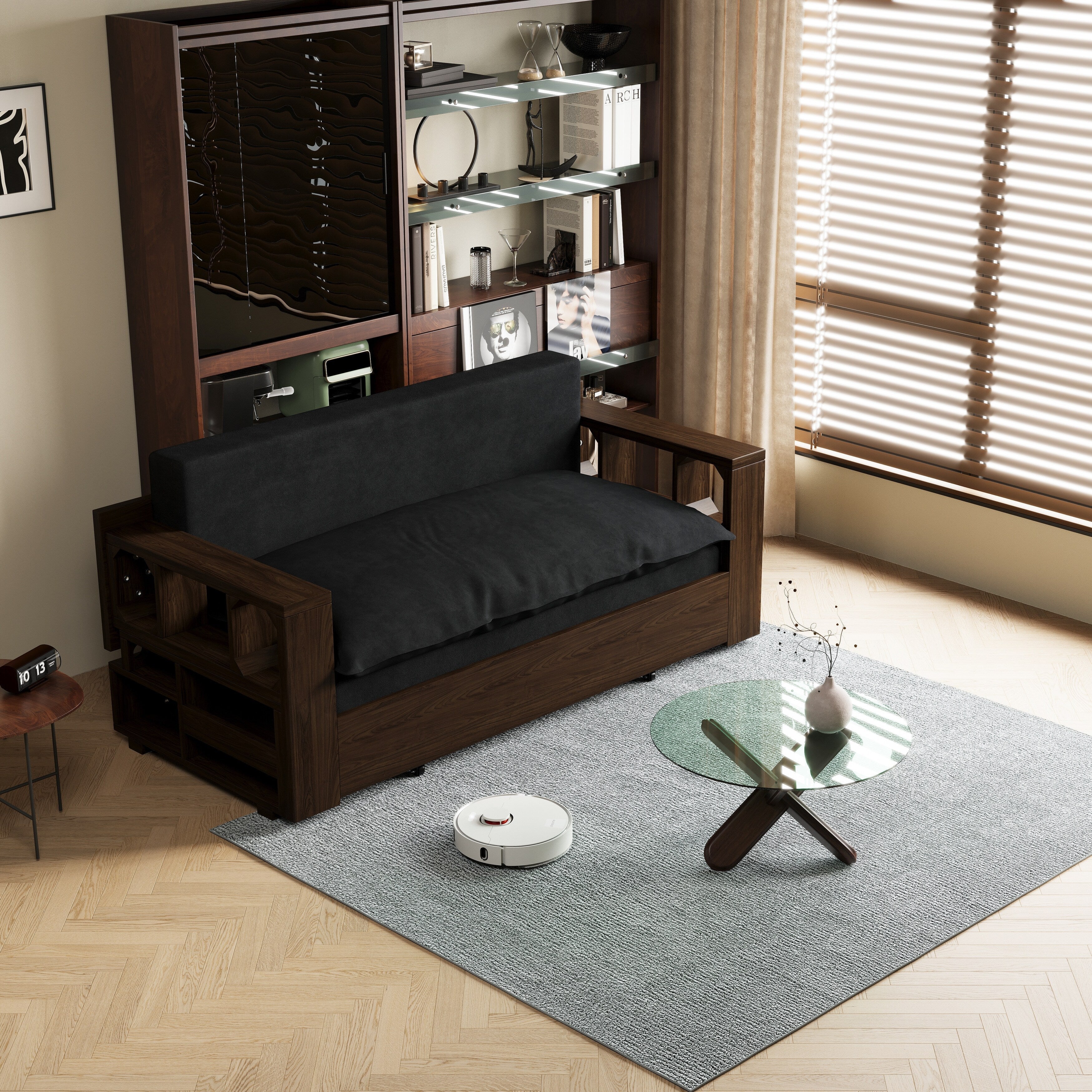 Canapé-lit convertible 3-en-1 noir 52,4 pouces avec système hydraulique et rangement, deux coussins moelleux pour le salon