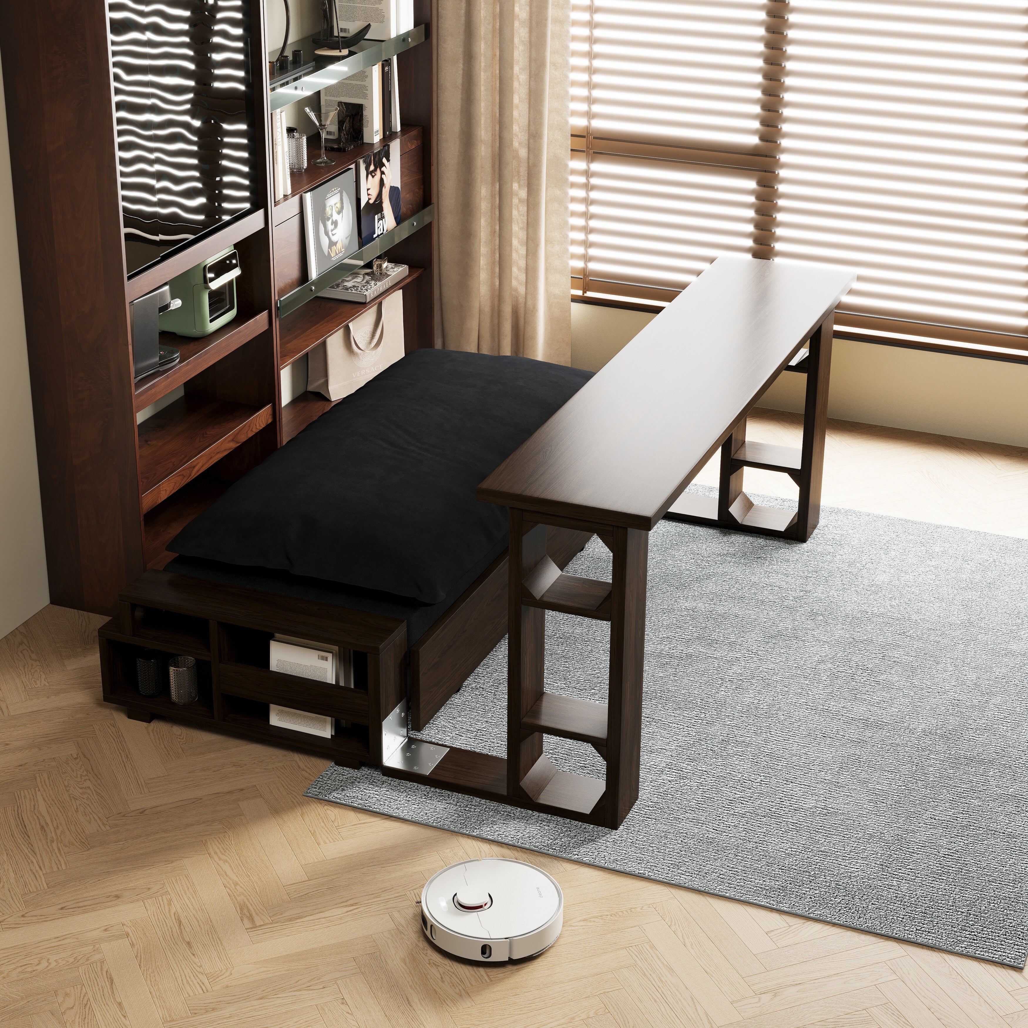 Canapé-lit convertible 3-en-1 noir 52,4 pouces avec système hydraulique et rangement, deux coussins moelleux pour le salon