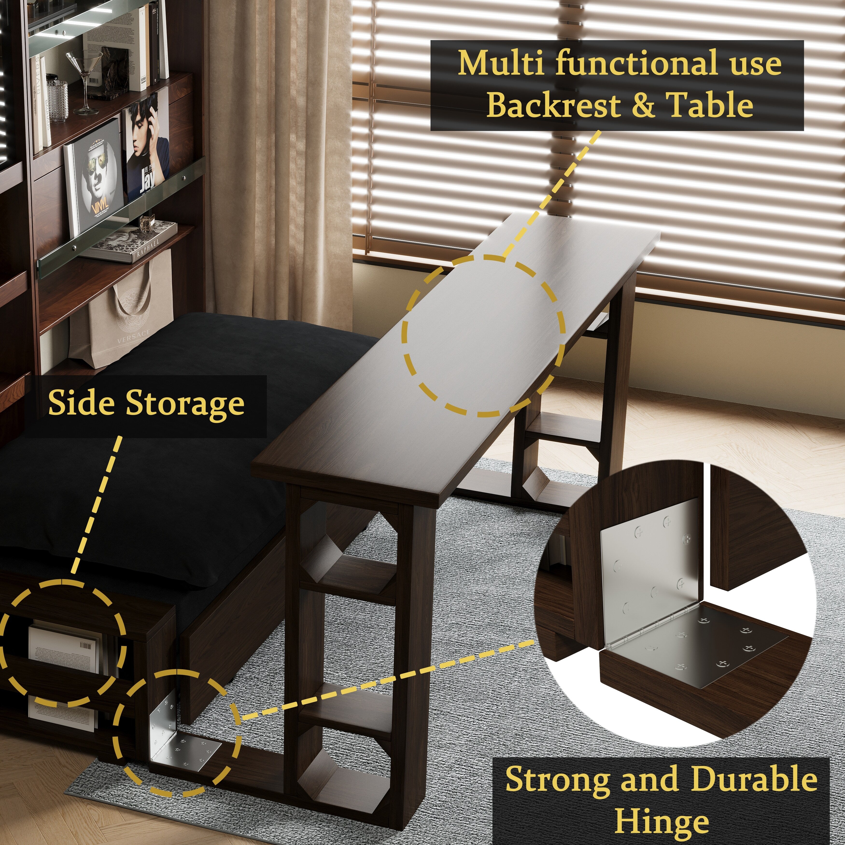 Canapé-lit convertible 3-en-1 noir 52,4 pouces avec système hydraulique et rangement, deux coussins moelleux pour le salon