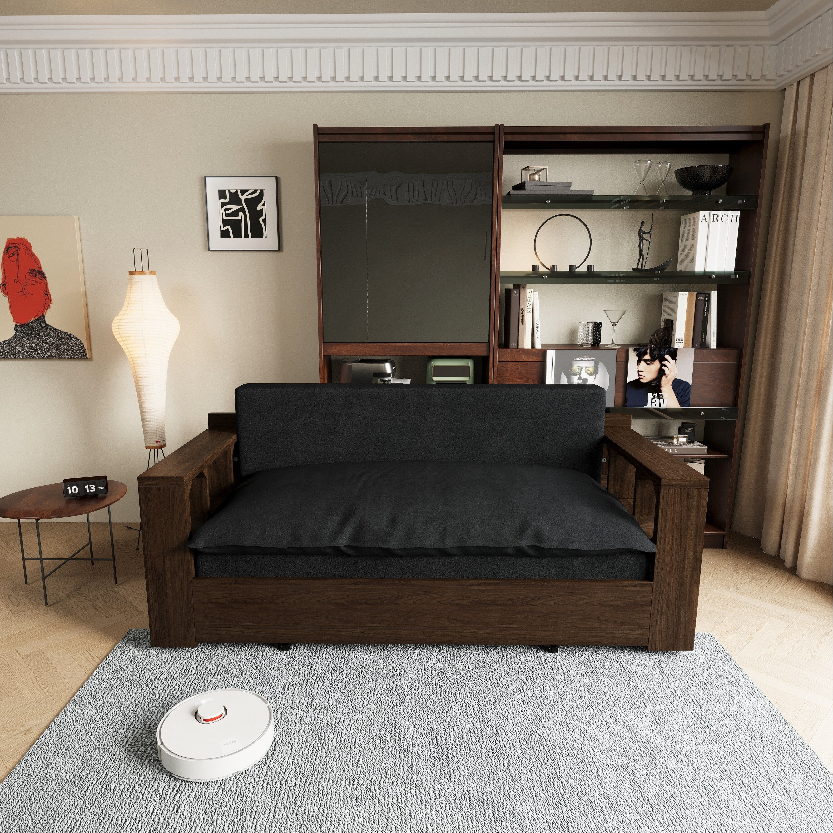 Canapé-lit convertible 3-en-1 noir 52,4 pouces avec système hydraulique et rangement, deux coussins moelleux pour le salon