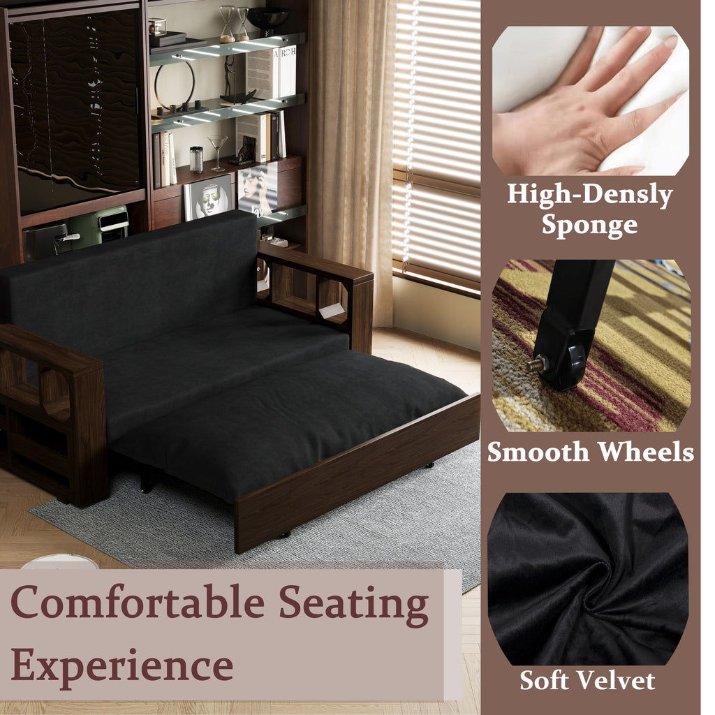 Canapé-lit convertible 3-en-1 noir 52,4 pouces avec système hydraulique et rangement, deux coussins moelleux pour le salon