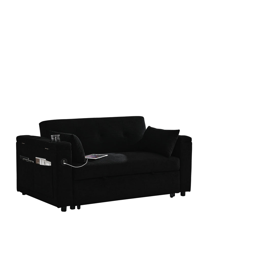 Canapé deux places en tissu noir 54'' : lit gigogne, rangement d'accoudoir et port de chargement USB