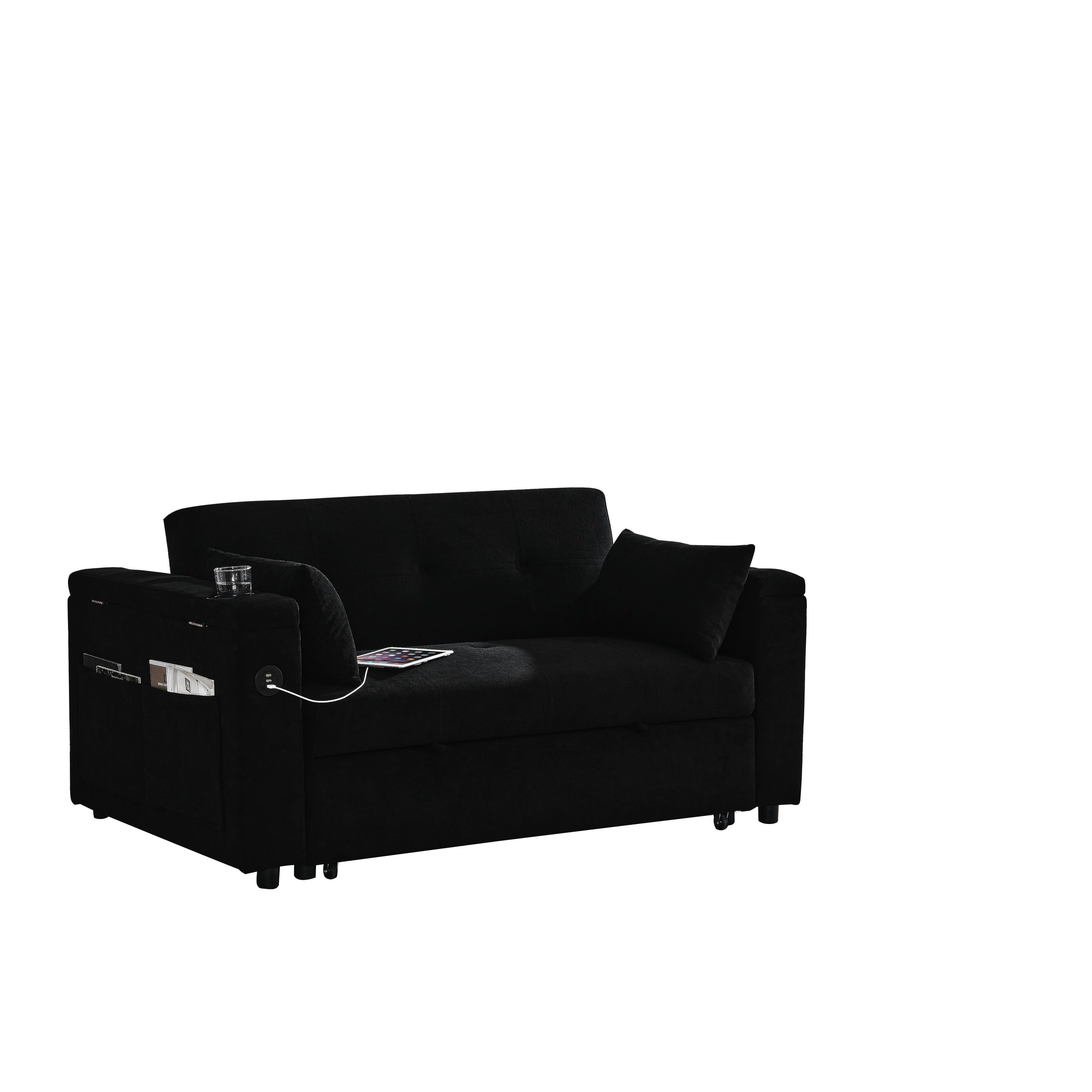 Canapé deux places en tissu noir 54'' : lit gigogne, rangement d'accoudoir et port de chargement USB