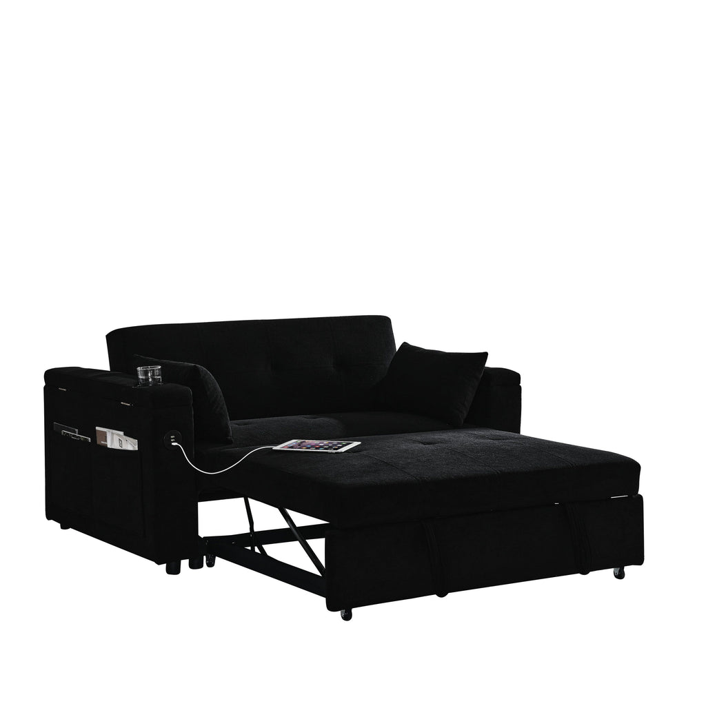 Canapé deux places en tissu noir 54'' : lit gigogne, rangement d'accoudoir et port de chargement USB