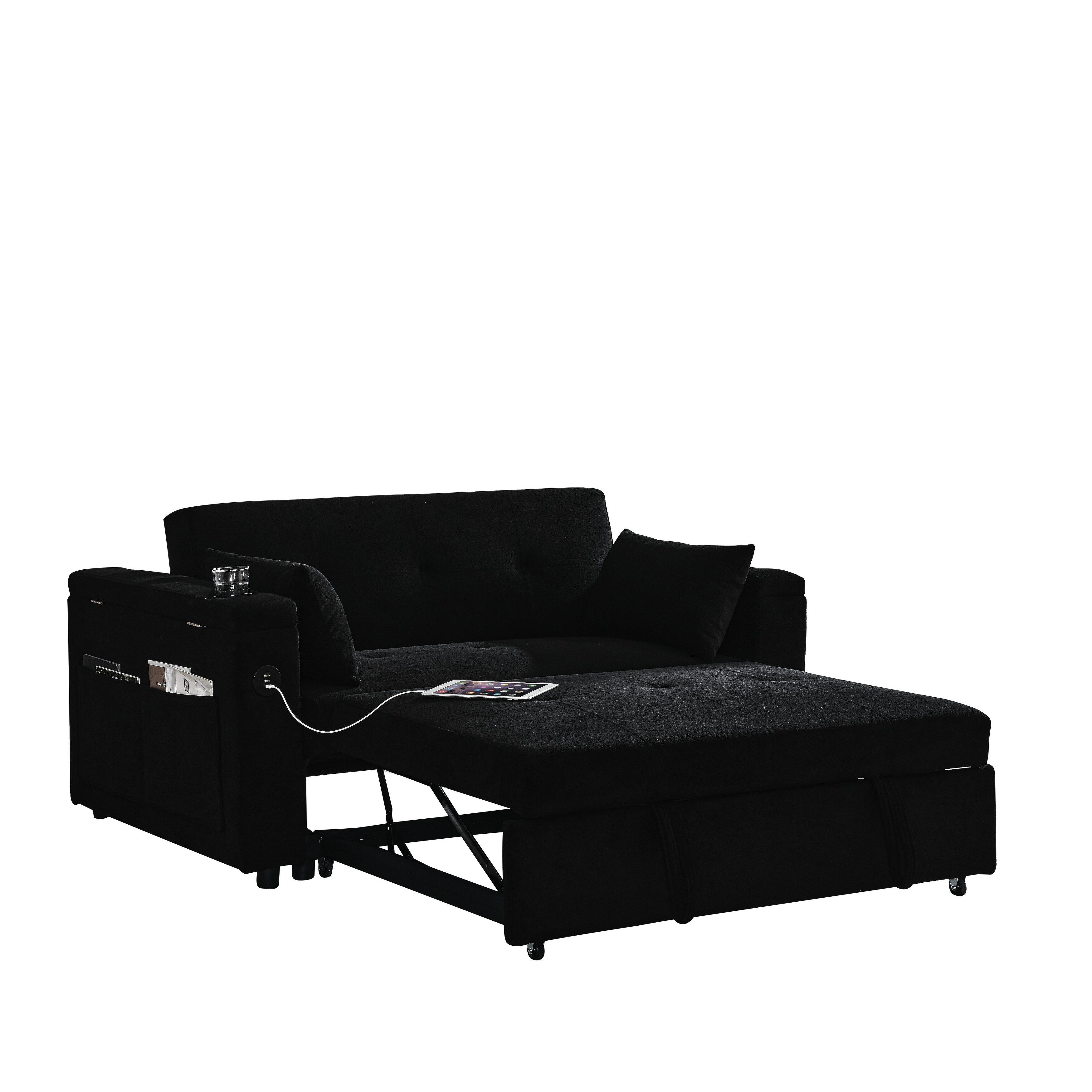 Canapé deux places en tissu noir 54'' : lit gigogne, rangement d'accoudoir et port de chargement USB