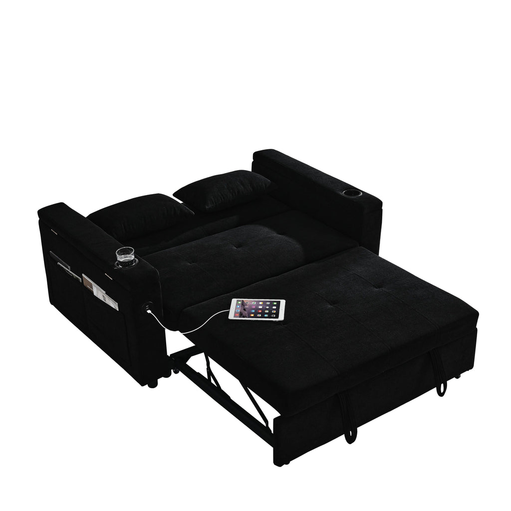 Canapé deux places en tissu noir 54'' : lit gigogne, rangement d'accoudoir et port de chargement USB