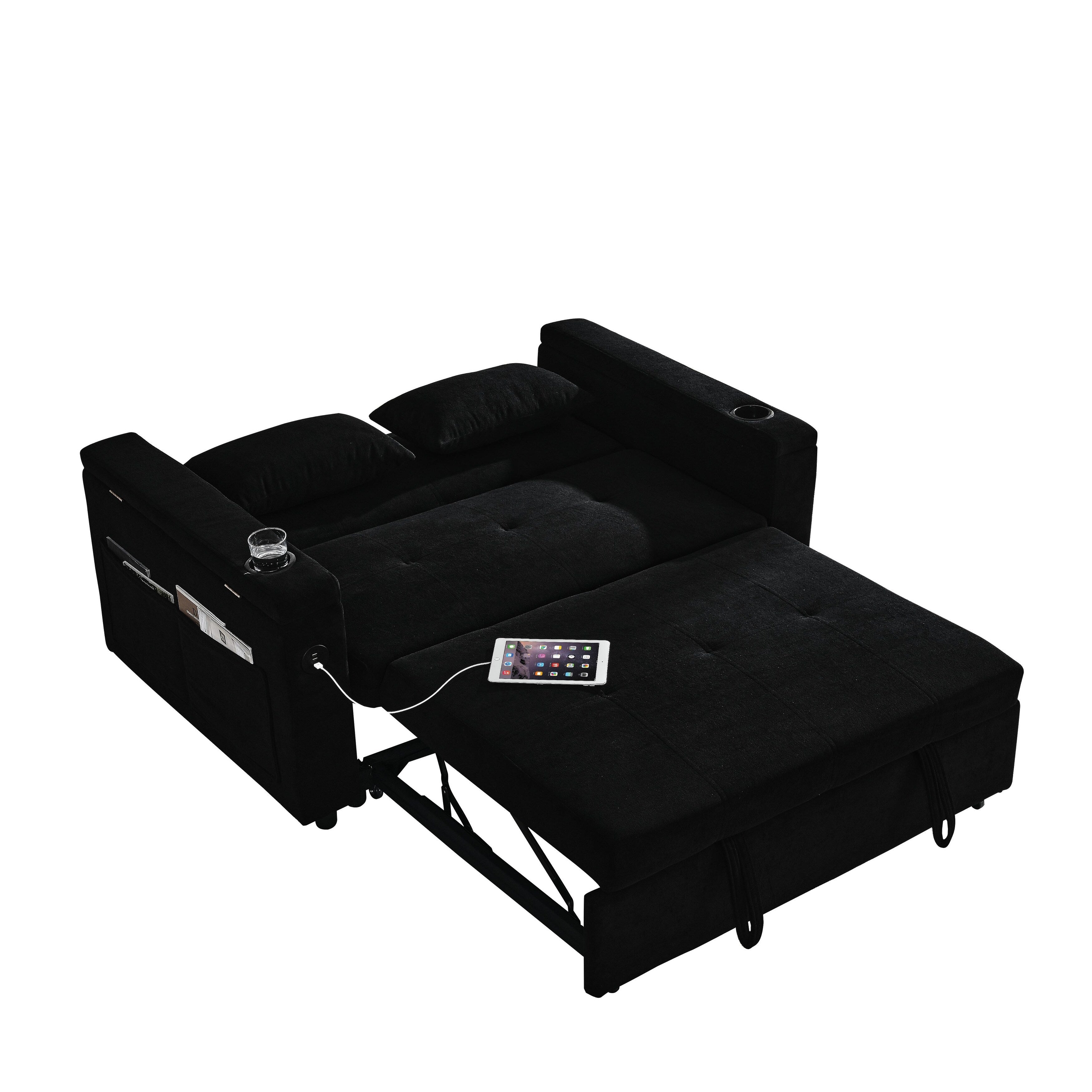Canapé deux places en tissu noir 54'' : lit gigogne, rangement d'accoudoir et port de chargement USB